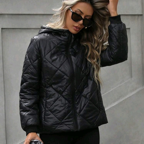 Plaid Quilted Hooded Zip-Up Casual Versatile Padded Coat,  Winter - Picture 4 of 4